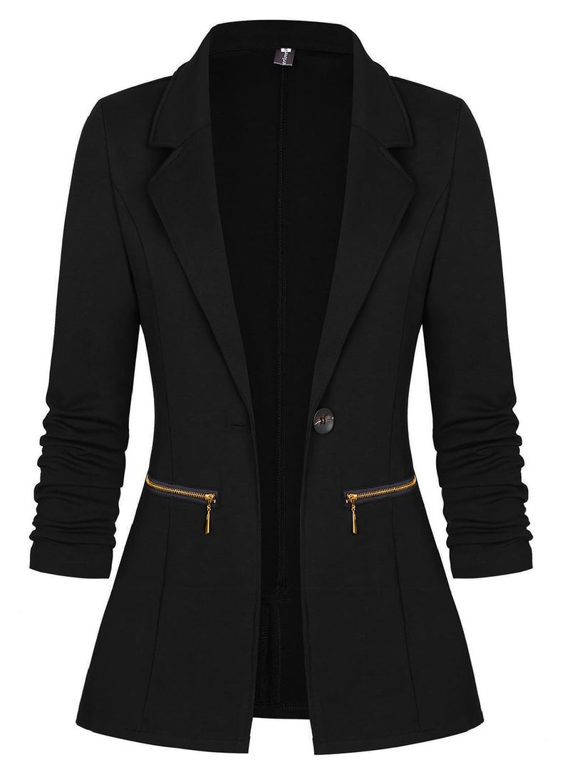 Genhoo Women's Long Stretchy Sleeve Open Front Lightweight Work Office Blazer Jacket Black L - Image 1